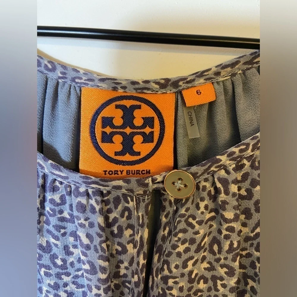 Tory Burch Lisa Blue Leopard Cheetah Animal Print Long Sleeve Silk Blouse Sz 6